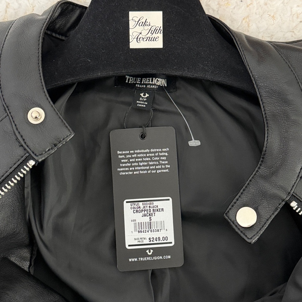 True Religion Black Cropped‎ Biker Jacket with White Stripes Size S - Picture 4 of 6